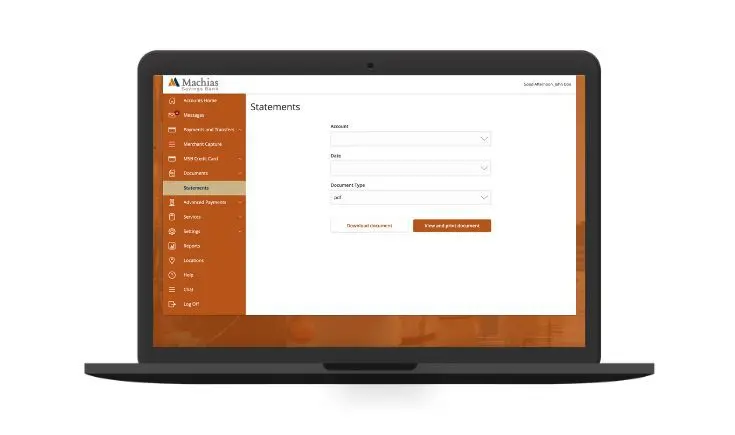 a computer with the Machias Savings Bank screen pulled up, in the "statements" tab