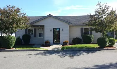 house with bushes and trees in front of it