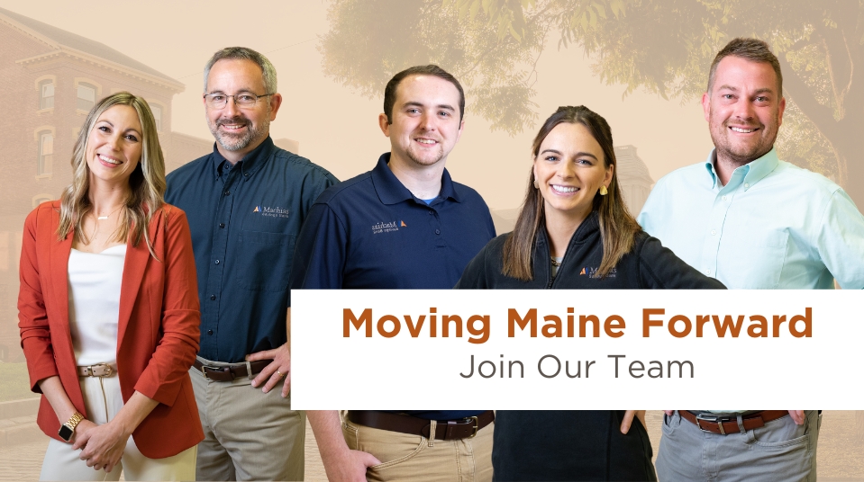 a hiring advertisement with five smiling people dressed in professional attire