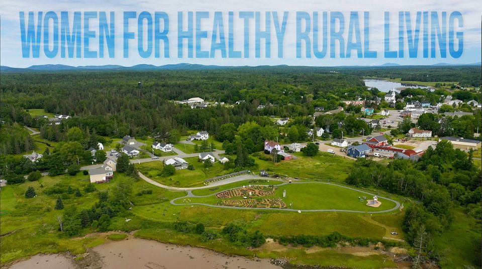 a town with multiple buildings and greenery, with the text "women for healthy rural living"
