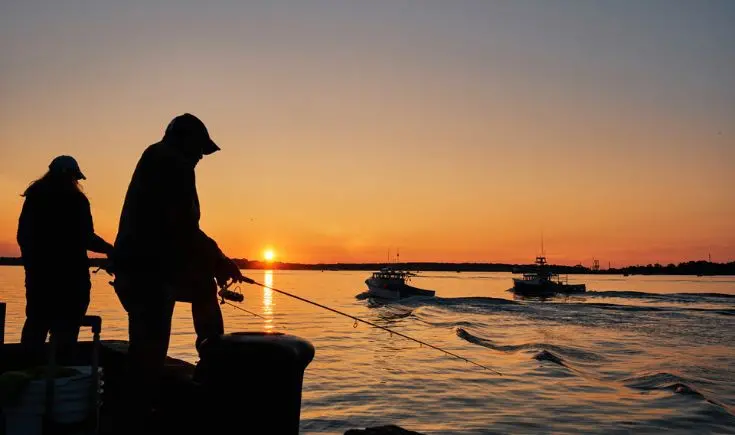 two people fishing on a lake during sunset