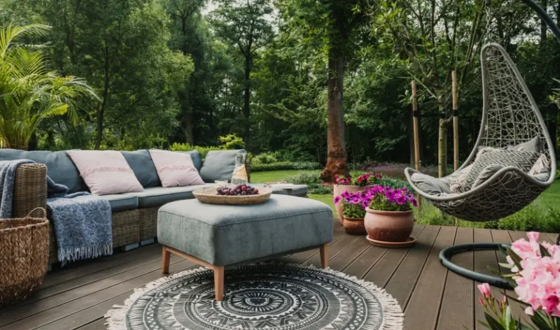 an outside deck with a green hammock chair, a blue couch and greenery all around