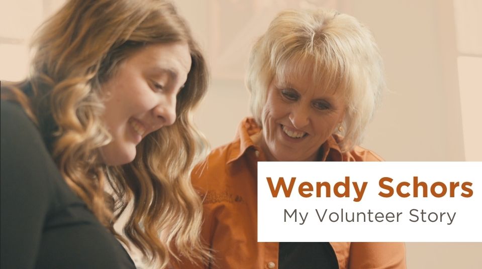 two people with happy expressions with the text "Wendy Schors, My Volunteer Story"