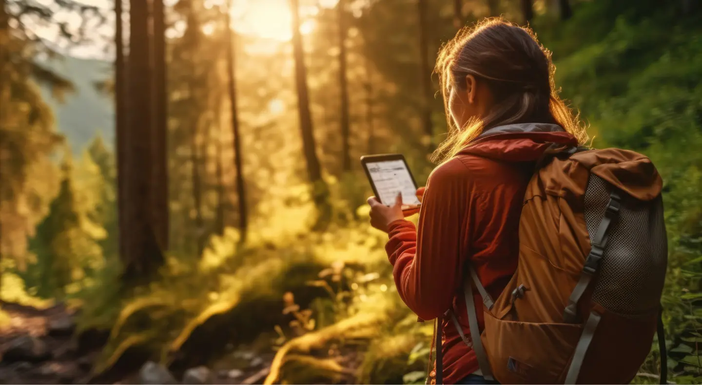 girl hiking in woods while holding phone